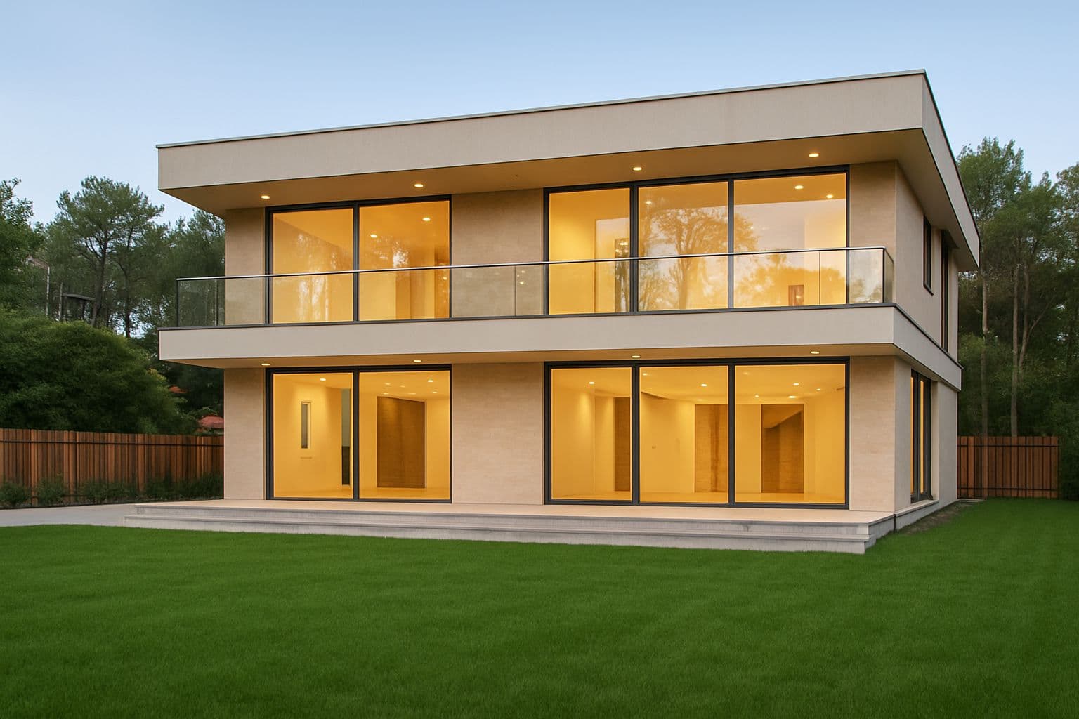 Fotorealistische 3D-visualisatie van een moderne villa met verlichte glaspartijen in de schemering