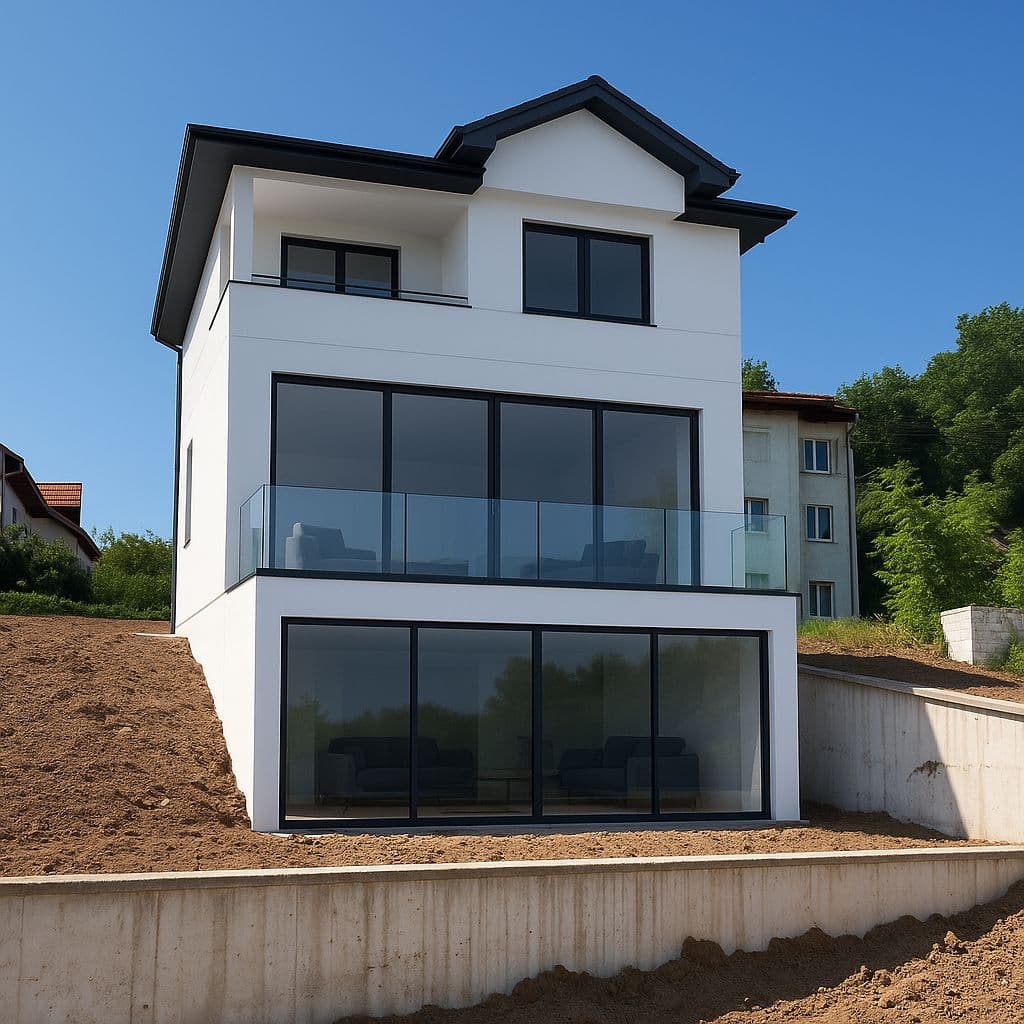 3D-visualisatie van een moderne nieuwbouwwoning met grote glaspartijen in Zaandam